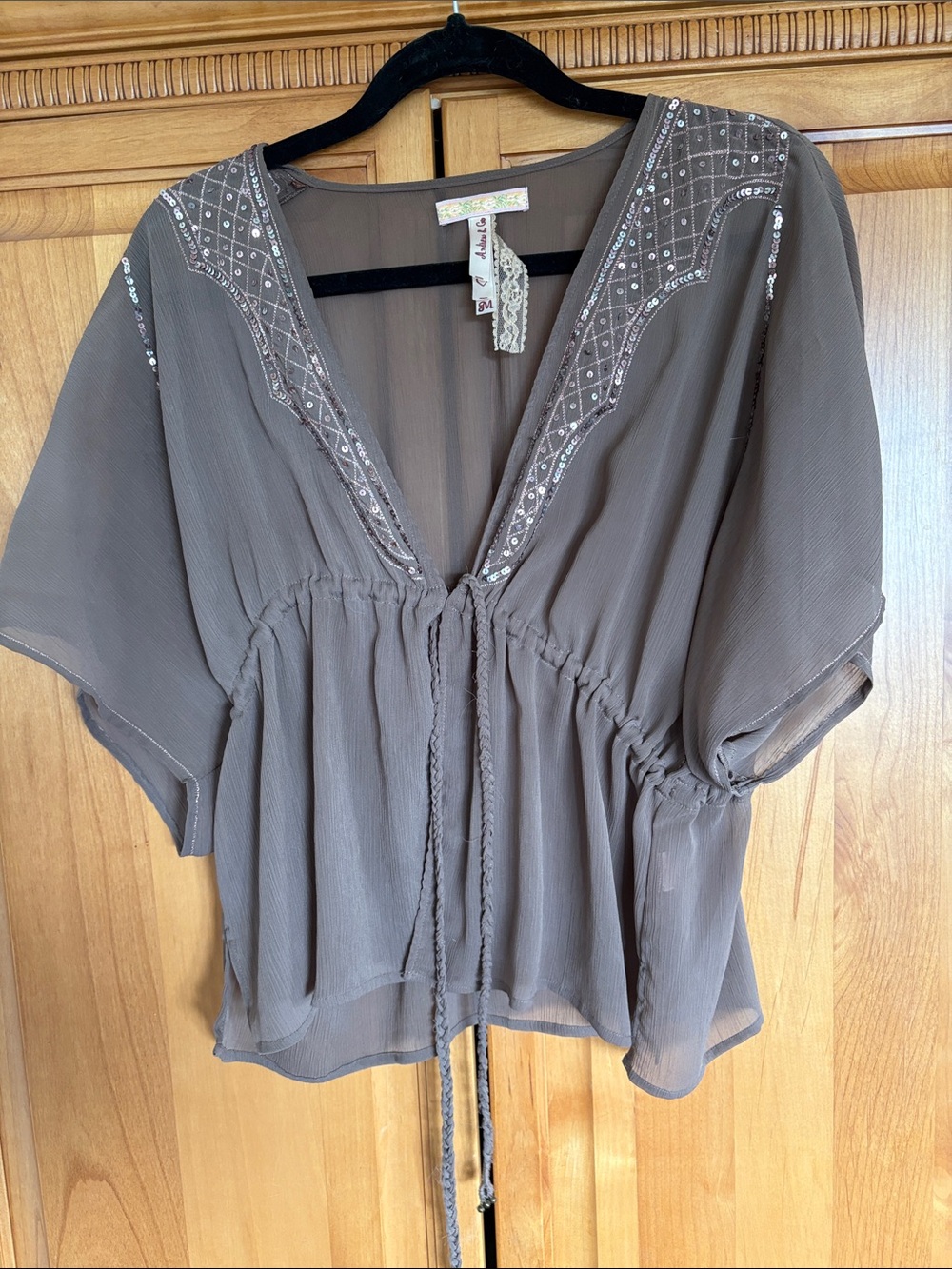 Muted Taupe Sequin-Trim Peasant Tunic - Women's